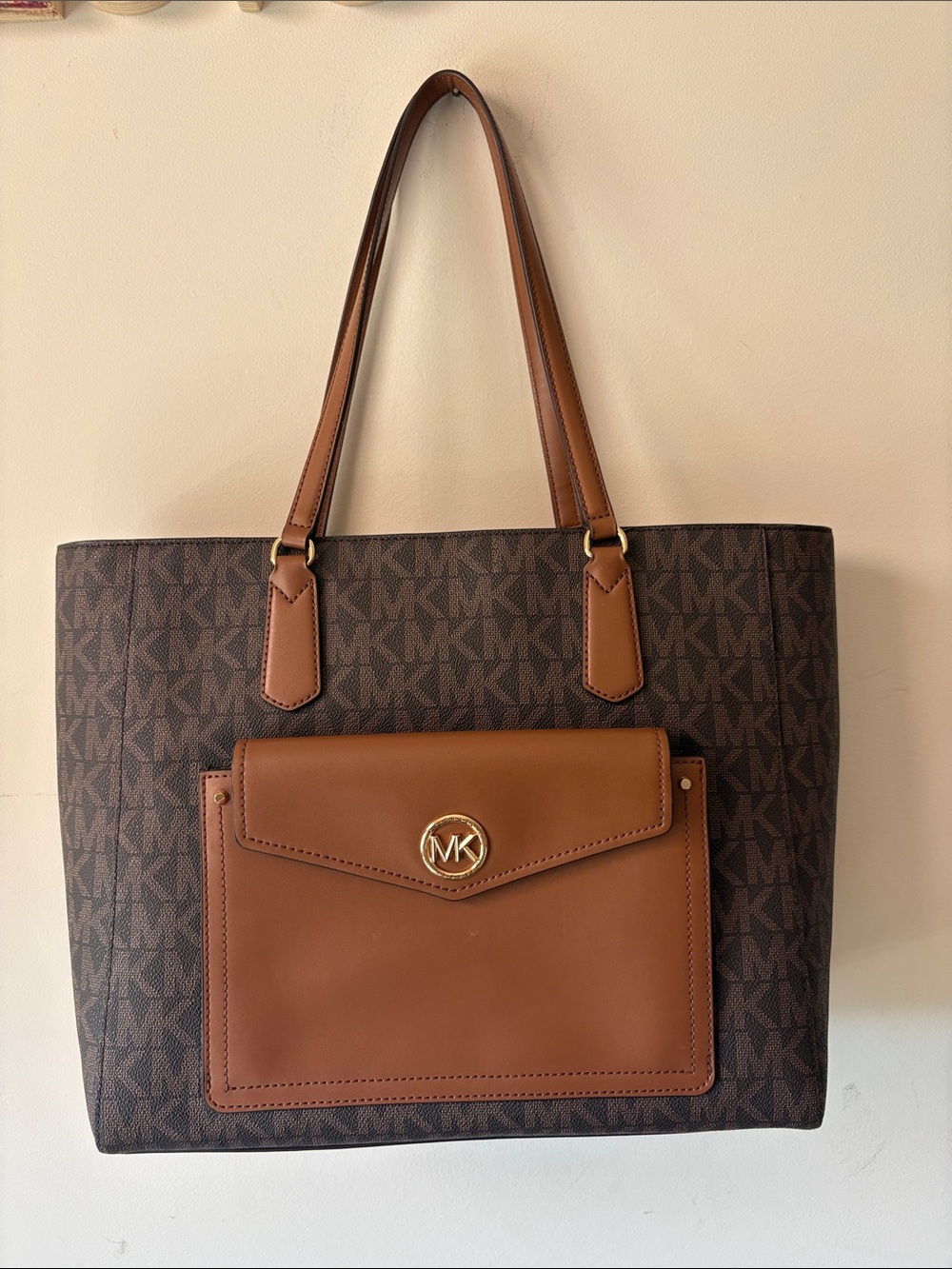 Michael Kors Brown Logo Tote with Cognac Front Pocket